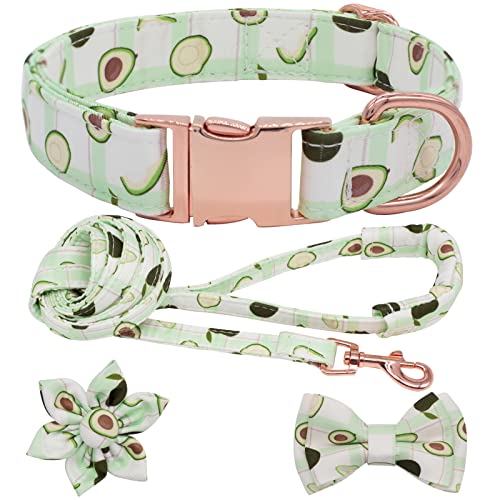 Hundehalsband und Leine, Set mit Blumen-Fliege, Mädchen-Hundehalsband, Erkennungsmarke, Metallschnalle, verstellbar für kleine, mittelgroße und große Hunde, Avocado-S von Hilkycton