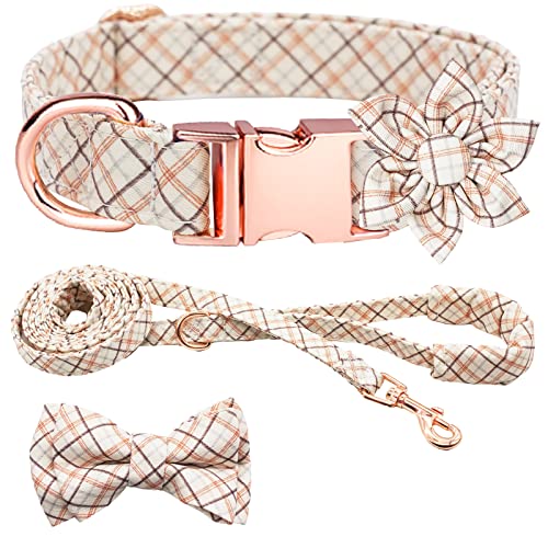 Kariertes Hundehalsband, Leine, Set mit Fliege, verstellbar, niedlich, Welpenhalsband mit strapazierfähiger Metallschnalle, Mädchen, Jungen, Hundehalsband für kleine, Braun, L von Hilkycton