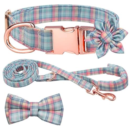 Kariertes Hundehalsband, Leine, Set mit Fliege, verstellbar, niedlich, Welpenhalsband mit strapazierfähiger Metallschnalle, Mädchen, Jungen, Hundehalsband für kleine, blau, rot-M von Hilkycton