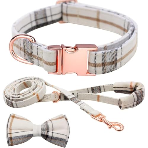 Kariertes Hundehalsband, Leine, Set mit Fliege, verstellbar, niedlich, Welpenhalsband mit strapazierfähiger Metallschnalle, Mädchen, Jungen, Hundehalsband für kleine, gebrochenes Weiß, L von Hilkycton