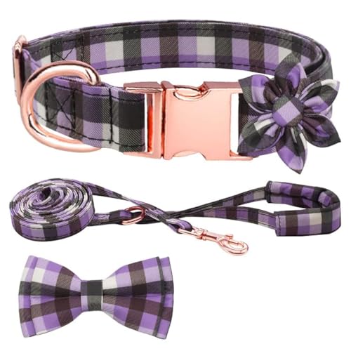 Kariertes Hundehalsband, Leine, Set mit Fliege, verstellbar, niedlich, Welpenhalsband mit strapazierfähiger Metallschnalle, Mädchen, Jungen, mittelgroße und große Hunde, Violett-L von Hilkycton