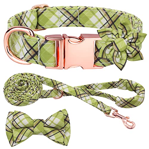 Kariertes Hundehalsband, Leine, Set mit Fliege, verstellbar, niedlich, Welpenhalsband mit strapazierfähiger Metallschnalle, Mädchen, Jungen, mittelgroße und große Hunde, grasgrün-S von Hilkycton