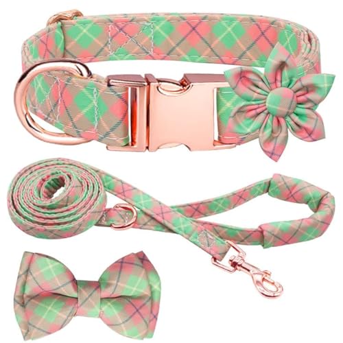 Kariertes Hundehalsband, Leine, Set mit Fliege, verstellbar, niedliches Welpenhalsband mit strapazierfähiger Metallschnalle, Mädchen Jungen, Hundehalsband für kleine, Rot, XS von Hilkycton