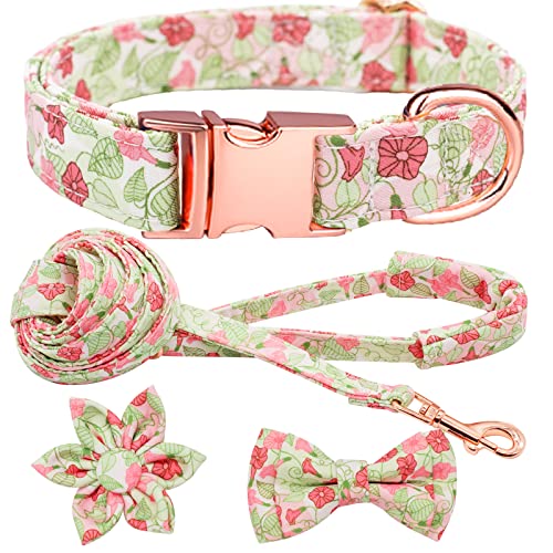 Keyoung Dog Collar and Leash Set with Flower Bow Tie Girls Dog Collar Dog Tag Metal Buckle Adjustable for Small Medium Large Dogs Morning Glory-M von Hilkycton