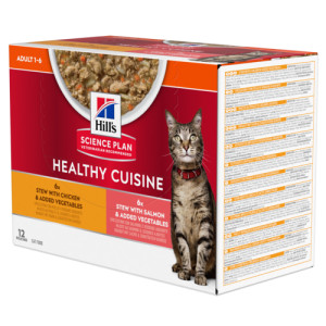 Hill&apos;s Healthy Cuisine Adult Sterilised Ragout mit Huhn & Gemüse, mit Lachs & Gemüse Multipack Katze 1 Karton (12 x 80 g) von Hill&apos;s