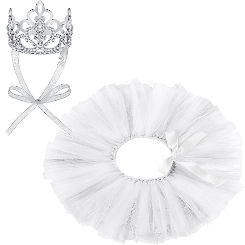 2 Stück Hundekrone Stirnband Hund Tutu Kleid Set Kristall Strass Hund Tiara Krone Tutu Rock Hundekleid Niedliches Haustierkostüm für Welpen Hund Geburtstag Party Hochzeit Foto Requisite Kostüm (Weiß, von Hillban