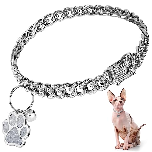 Hillban Katzenhalsband, Diamantkette, Glitzer, kubanisches Halsband, Spazierengehen, Metall mit sicherer Schnalle, Katzen-Haustier-Halskette mit Pfoten-Anhänger, Schmuckzubehör mit ID-Tag, Glocke für von Hillban