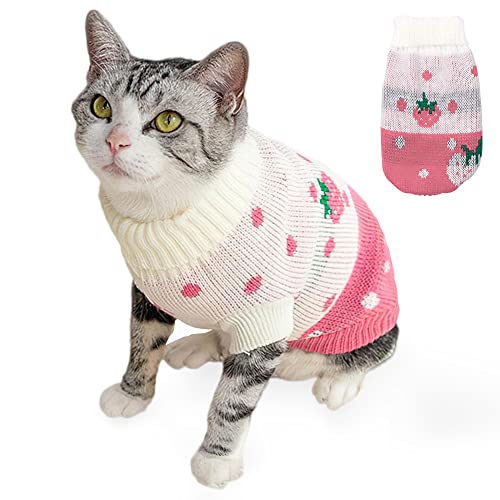 Hillylolly Katzen Kleidung Winter Haustier Pullover Katze, Pullover für Katzen Warm, Katzen Kleidung süß, Strickpullover für Katzen, Katzen Kleidung rosa, Erdbeer Pullover, Winterhaustierkleidung von Hillylolly