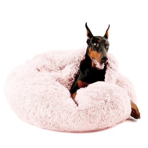 Himax Komfort-Hundebett mit angenähter Decke, beruhigendes Anti-Angst-Bett, flauschig, waschbar, für große Hunde (50,8 cm/66 cm/88,9 cm), Rosa von Himax