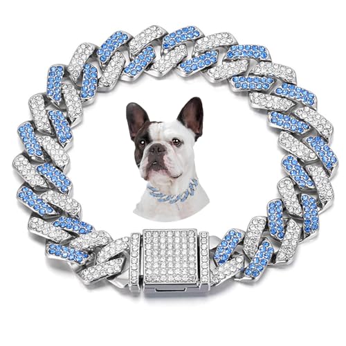 Blaue Hundehalsband-Halskette, Strass-Hundehalskette, Welpenhalsband, Glitzerkette, glitzernd, kubanische Glieder für kleine, mittelgroße und große Haustiere, 30,5 cm von HimyBB