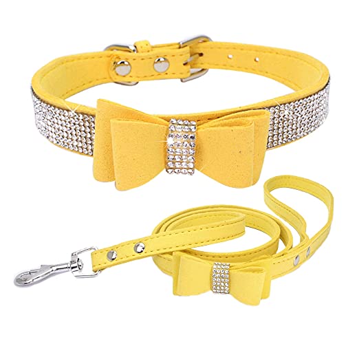 HimyBB Hundehalsband + Leine, Set für kleine Haustiere, Hunde, Katzen, Welpen, Strass, niedlich, funkelnd, weich, Gelb L von HimyBB