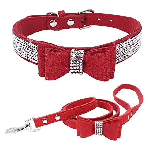 HimyBB Hundehalsband + Leine, Set für kleine Haustiere, Hunde, Katzen, Welpen, Strass, niedlich, funkelnd, weich, Rot, XXS von HimyBB