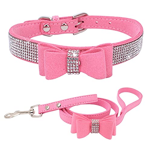 Hundehalsband und Leine, Set für kleine Haustiere, Hunde, Katzen, Welpen, Strass, niedlich, schillernd, funkelnd, weich, Rosa, Größe S von HimyBB