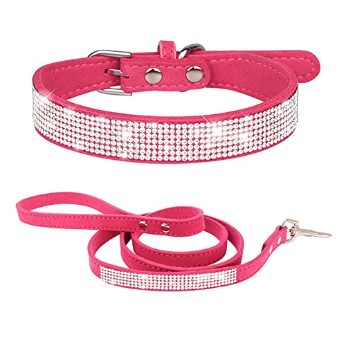 HimyBB Hundehalsband mit Strasssteinen und Leine, Set für kleine Haustiere, Katzen, Welpen, niedlich, schillernd, funkelnd, Samt-Leder, Rose, Größe L von HimyBB