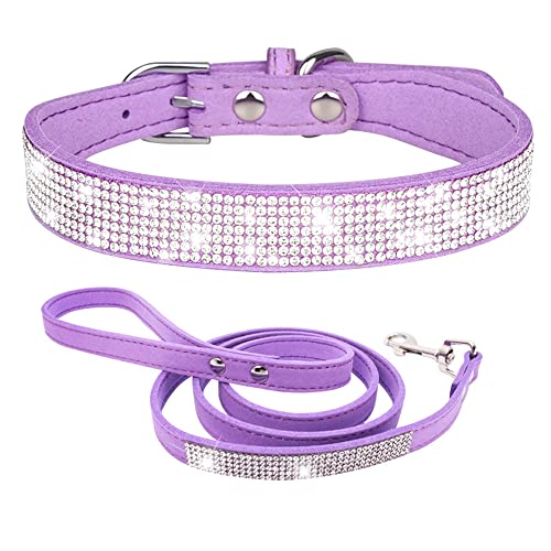 HimyBB Hundehalsband mit Strasssteinen und Leine, Set für kleine Haustiere, Katzen, Welpen, niedlich, schillernd, funkelnd, Samtleder, Violett L von HimyBB