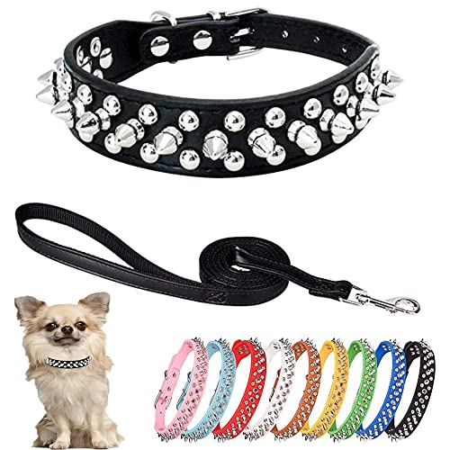 HimyBB Hundehalsband und Leine, Nieten, verstellbar, PU-Leder, Schwarz, Größe S von HimyBB