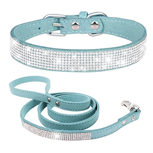 HimyBB Hundehalsband mit Strasssteinen und Leine, Set für kleine Haustiere, Katzen, Welpen, niedlich, schillernd, funkelnd, Samt-Leder, Himmelblau, Größe XL von HimyBB