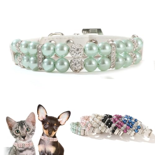 Hundehalsband mit grünen Perlen, ausgefallene Kristalle, glitzernde Perlen, Welpenhalsband, Strass, luxuriöse Perlen-Halskette, Diamant, Mädchen, Haustierschmuck für XXS, XS, kleine, mittelgroße von HimyBB