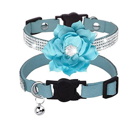 Katzenhalsband mit Strasssteinen und Glöckchen, glitzernd, mit weichem Samt, blaue Blumen von HimyBB