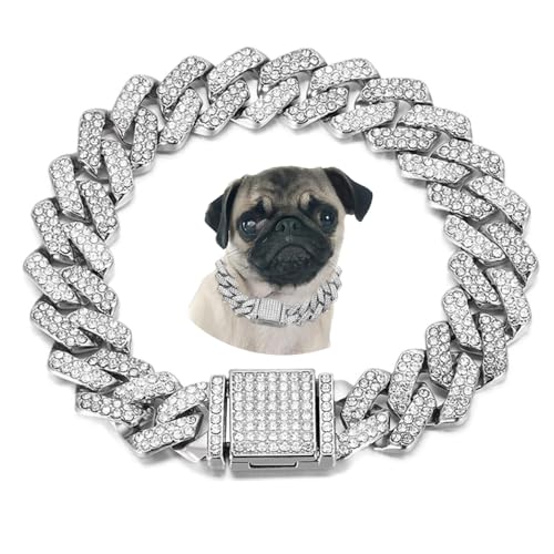 Silbernes Hundehalsband, glitzernde Diamanten, kubanische Gliederkette, Glitzerkette, Strass-Hundehalskette für kleine, mittelgroße und große Haustiere, 40,6 cm von HimyBB