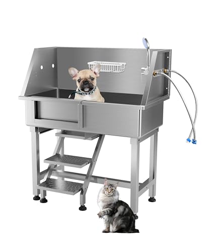 Hipicute 86,4 cm professionelle Hundebadestation aus Edelstahl, Hundepflege, mit Treppe, Bodenrost & Wasserhahn für Hundebadewanne für mittelgroße und kleine Haustiere von Hipicute