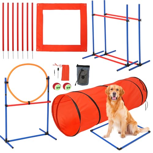 Hipicute Agiles Hundetrainingsgerät-Set für drinnen und draußen, 177,8 cm Tunnel + Reifensprung + Hürdensprung, Webstangen, Pausebox, 2 Spielzeugbälle, 1 Pfeife, Tragetasche, von Hipicute