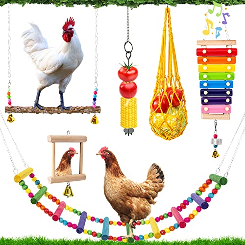 Hipykat 6 Packungen Huhn Spielzeug Set,mit Huhn Xylophon Spielzeug, Hühnerspiegel, Hühnerleiter Brücke, Stallschaukel, Kauen Futtersuche Spielzeug, Zubehör für Hühner von Hipykat