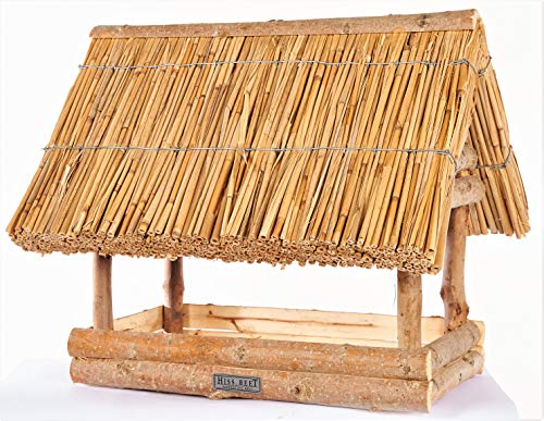 Hiss Reet® Vogelfutterhaus, Vogelhaus - mit Reetdach I Futterhaus für Vögel aus Eukalyptus Holz I SPREEWALD I ideal für Balkon und Garten I wetterfest I 2 Verschiedene Größen (L - ca. 50 cm Länge) von Hiss Reet