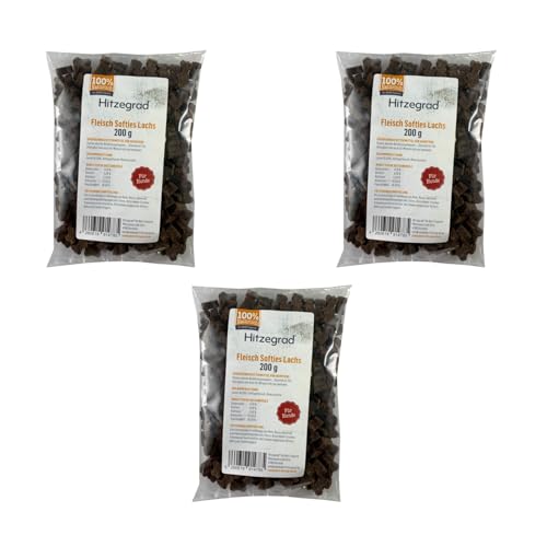 Hitzegrad Fleisch Softies Snack Lachs | 3er Pack | 3 x 200 g | Soft Snack für Hunde | Ideal fürs Training durch die weiche Konsistenz | Glutenfrei | Für Welpen geeignet von Hitzegrad