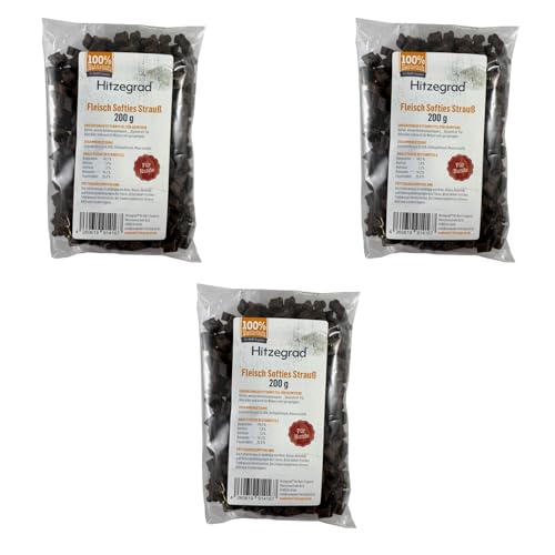 Hitzegrad Fleisch Softies Snack Strauß | 3er Pack | 3 x 200 g | Soft Snack für Hunde | Ideal fürs Training durch die weiche Konsistenz | Glutenfrei | Für Welpen geeignet von Hitzegrad