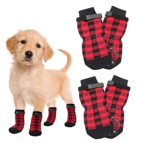 Hixingo 2 Paar Hundesocken Anti Rutsch, Hundesocken Winter Pfotenschutz Indoor Weicher Socken für Hunde mit Klettverschluss für Hartholzböden in Innenräumen (L,Rot) von Hixingo