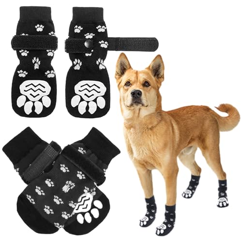 Hixingo 2 Paar Hundesocken Anti Rutsch, Hundesocken Winter Pfotenschutz Indoor Weicher Socken für Hunde mit Klettverschluss für Hartholzböden in Innenräumen (M,Schwarz) von Hixingo