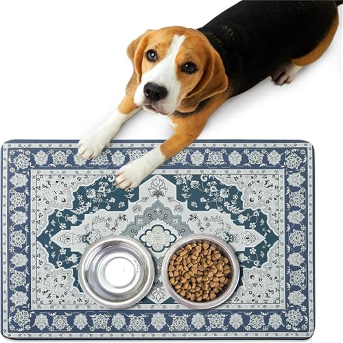 Hixingo Napfunterlage Hund Katzen Futternapf Unterlage, Saugfähige Haustier Futtermatte rutschfeste Hundenapf Unterlage Waschbar Katzennapf Futtermatte -Retro Böhmen (Blau,40x60cm) von Hixingo