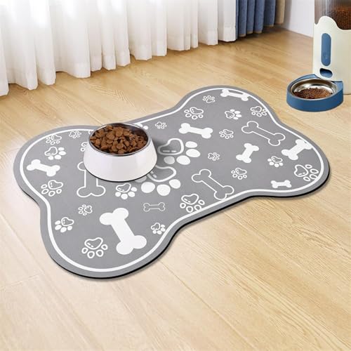 Hixingo Napfunterlage für Hunde und Katze, Futtermatte für Haustierfutter Saugfähige Schnelltrocknend Hundenapf Unterlage rutschfeste Futterunterlage Katze Waschbar (Hellgraue Knochen,60 * 90cm) von Hixingo