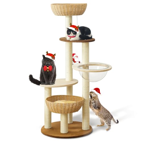 Katzenbaum Moderner, Katzenturm für Innen, Katzen Raumkapsel, zwei große Katzennest gemütlich, natürlicher Sisal Kratzbaum und baumelnde Bälle von Hiyong