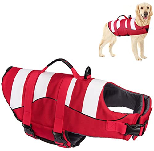 Schwimmweste Hund Klassische Streifen, Reißfeste Größenverstellbar mit Starkem Rettungsgriff Hund Rettungsweste für Schwimmen und Bootfahren (Rot, L (Chest Girth: 57-76cm)) von Hjkiopc