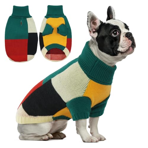 Hjumarayan Hundepullover - Rollkragen Hundepullover Mittelgroße Hunde Farbblockierung Hunde Pullover mit Beinen Warm Hunde Pullis mit Geschirr Loch für Französische Bulldogge, Grün M von Hjumarayan