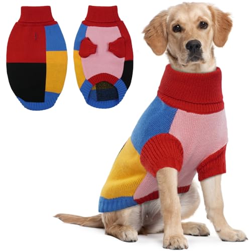 Hjumarayan Hundepullover - Rollkragen Hundepullover Mittelgroße Hunde Farbblockierung Hunde Pullover mit Beinen Warm Hunde Pullis mit Geschirr Loch für Französische Bulldogge, Rot XL von Hjumarayan