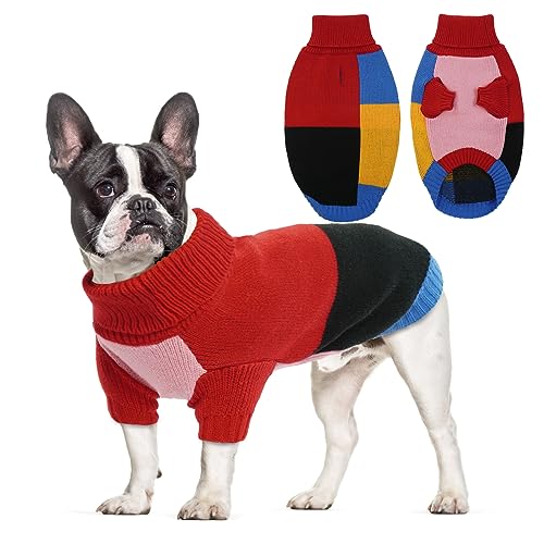 Hjumarayan Hundepullover - Rollkragen Hundepullover Mittelgroße Hunde Farbblockierung Hunde Pullover mit Beinen Warm Hunde Pullis mit Geschirr Loch für Französische Bulldogge, Rot XL von Hjumarayan