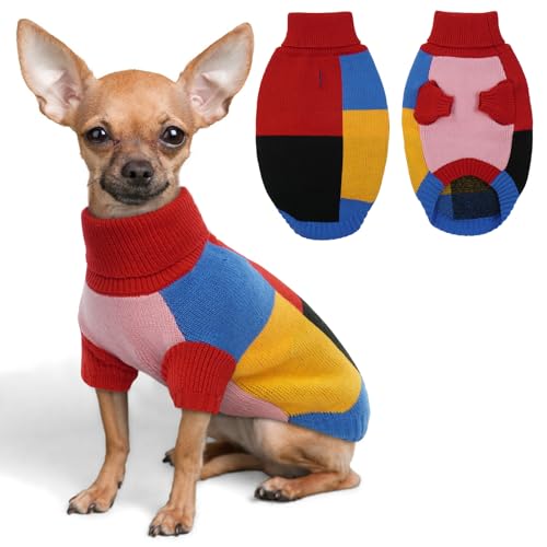 Hjumarayan Hundepullover - Vintage Hundepullover Kleine Hunde mit Geschirr Loch Farbblockierung Hunde Pullover Kleine Hund Rollkragen Pullover Hund mit Beinen Warm Hundepulli, Rot XS von Hjumarayan