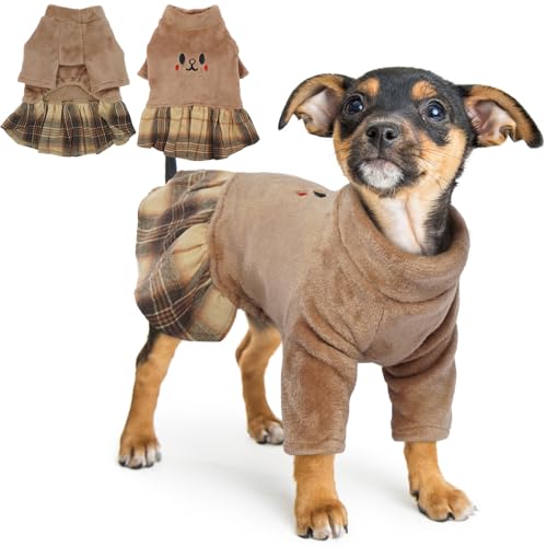 Hjumarayan Hundepullover Fleece, Hundepullover Kleine Hunde Warme Pullover Hund für Winter Hunde Fleece Pullover mit Kariertem Saum Yorkshire Terrier Kleidung, Braun L von Hjumarayan