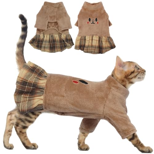 Hjumarayan Katzenkostüm für Katzen, Katzen Kleidung für Winter Katzenpullover Warme Katzen Pullover für Katzen Kleine Hunde, Katzen Kleid mit Kariertem Saum Kostüme für Katzen, Braun M von Hjumarayan