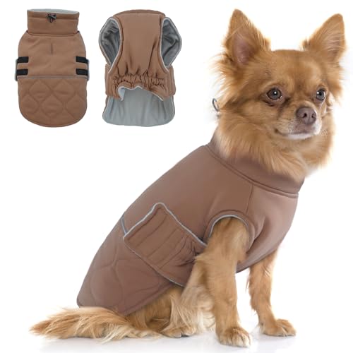 Hjumarayan Wintermantel Hund Klein, Hundemantel für Kleine Hunde Winterjacke Hund Klein Mantel Hund mit Geschirr Offnung, Hundemantel Gefüttert Hund Wintermantel Chihuahua Kleidung, Braun XS von Hjumarayan