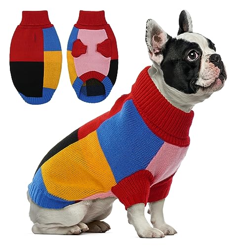 Hjumarayan Hundepullover - Rollkragen Hundepullover Mittelgroße Hunde Farbblockierung Hunde Pullover mit Beinen Warm Hunde Pullis mit Geschirr Loch für Französische Bulldogge, Rot M von Hjumarayan