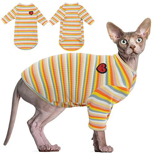 Haarlose Katze Baumwolle Kleidung Atmungsaktive Sommer T-Shirts Streifen Weste Haustier Kleidung Weich Dehnbar Hautfreundliche Katzen Bekleidung Katze Pyjama Jumpsuit für Sphynx Cornish Rex Devon Rex von Hjyokuso