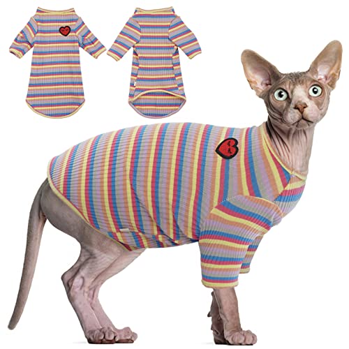 Haarlose Katze Baumwolle Kleidung Atmungsaktive Sommer T-Shirts Streifen Weste Haustier Kleidung Weich Dehnbar Hautfreundliche Katzen Bekleidung Katze Pyjama Jumpsuit für Sphynx Cornish Rex Devon Rex von Hjyokuso