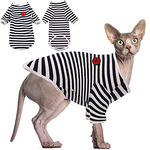 Haarlose Katze Baumwolle Kleidung Atmungsaktive Sommer T-Shirts Streifen Weste Haustier Kleidung Weich Dehnbar Hautfreundliche Katzen Bekleidung Katze Pyjama Jumpsuit für Sphynx Cornish Rex Devon Rex von Hjyokuso