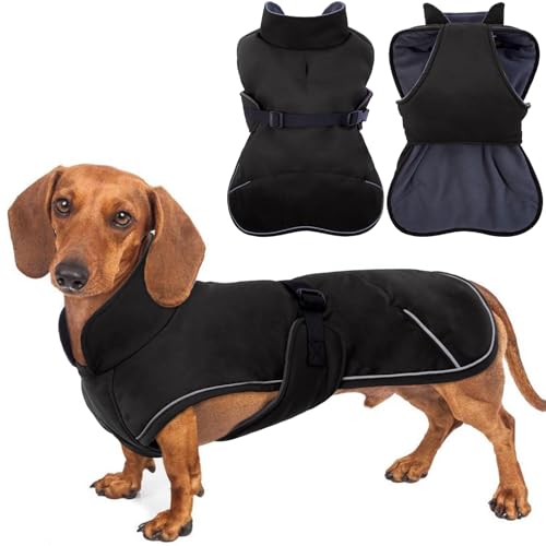 Hjyokuso Hundemantel Dackel, Winddichter Wasserdichter Wintermantel Für Dackel Hunde, Hundejacke Für Kleine Hunde S, Hundemantel Winter Mit Bauchschutz Und Leinenloch, Winterjacken Für Hunde-Schwarz von Hjyokuso