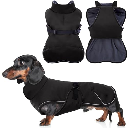 Hjyokuso Hundemantel Dackel, Winddichter Wasserdichter Wintermantel Für Dackel Hunde, Hundejacke Für Kleine Hunde XS, Hundemantel Winter Mit Bauchschutz Und Leinenloch, Winterjacken Für Hunde-Schwarz von Hjyokuso