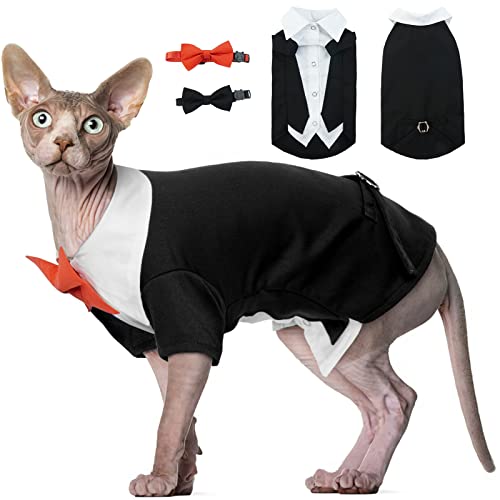 Hjyokuso Katzenkleidung, Kostüme für Katzen, Katzen-Smoking, Katzen-Hochzeits-Outfit, formelle Katzen-Hochzeitsweste mit 2 abnehmbaren Fliege, Katzen-T-Shirt, Katzenkleider für Sphynx, Devon Rex von Hjyokuso